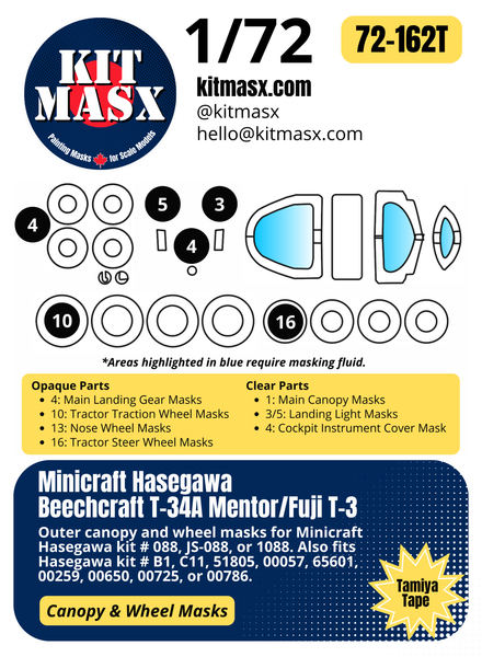 Minicraft Hasegawa Beechcraft T-34A Mentor/Fuji T-3 1/72 Canopy & Wheel Paint Masks