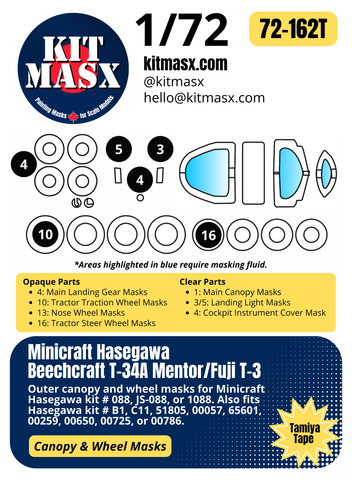 Minicraft Hasegawa Beechcraft T-34A Mentor/Fuji T-3 1/72 Canopy & Wheel Paint Masks, Kit # 088