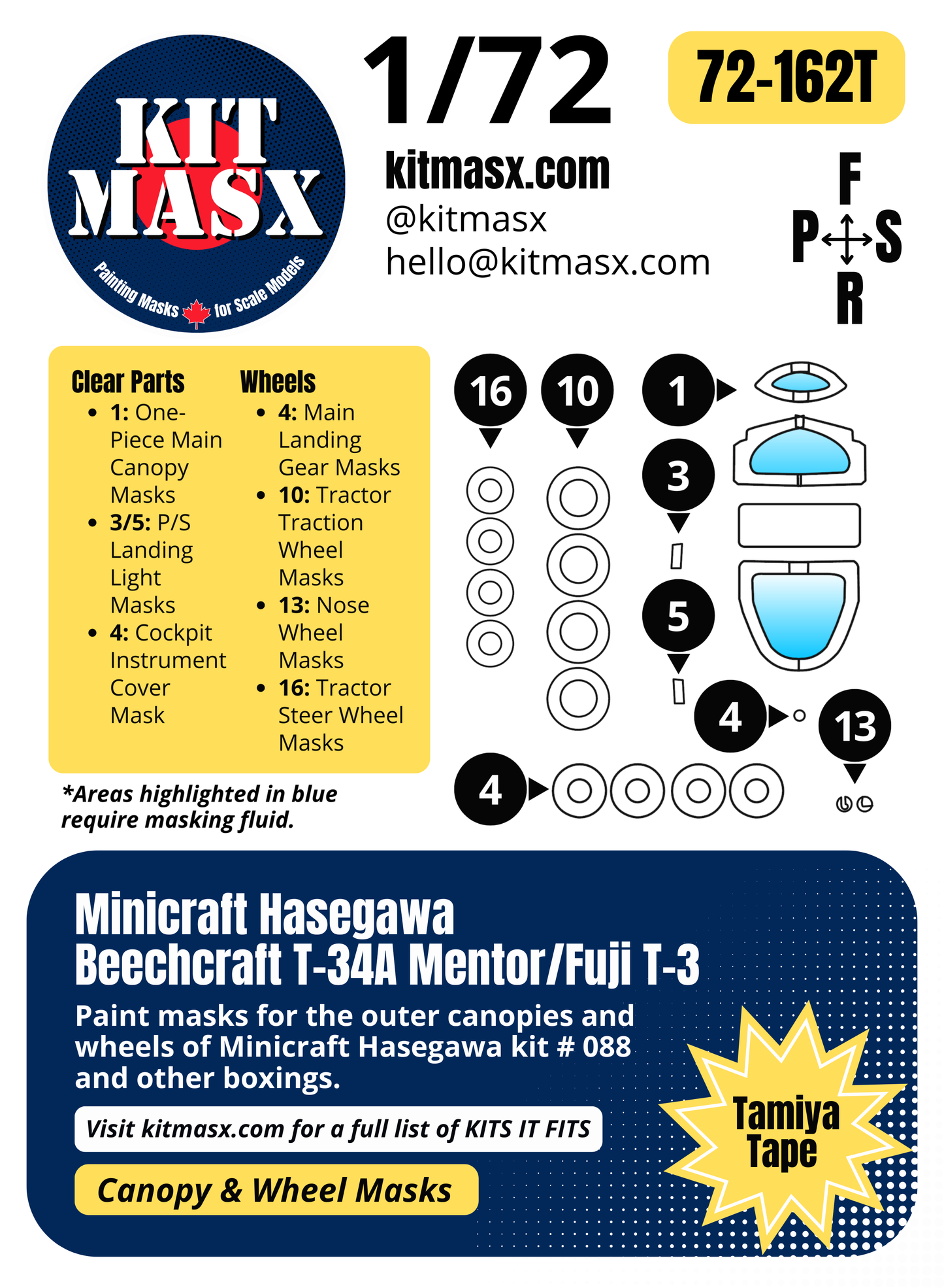 Minicraft Hasegawa Beechcraft T-34A Mentor/Fuji T-3 1/72 Canopy & Wheel Paint Masks, Kit # 088