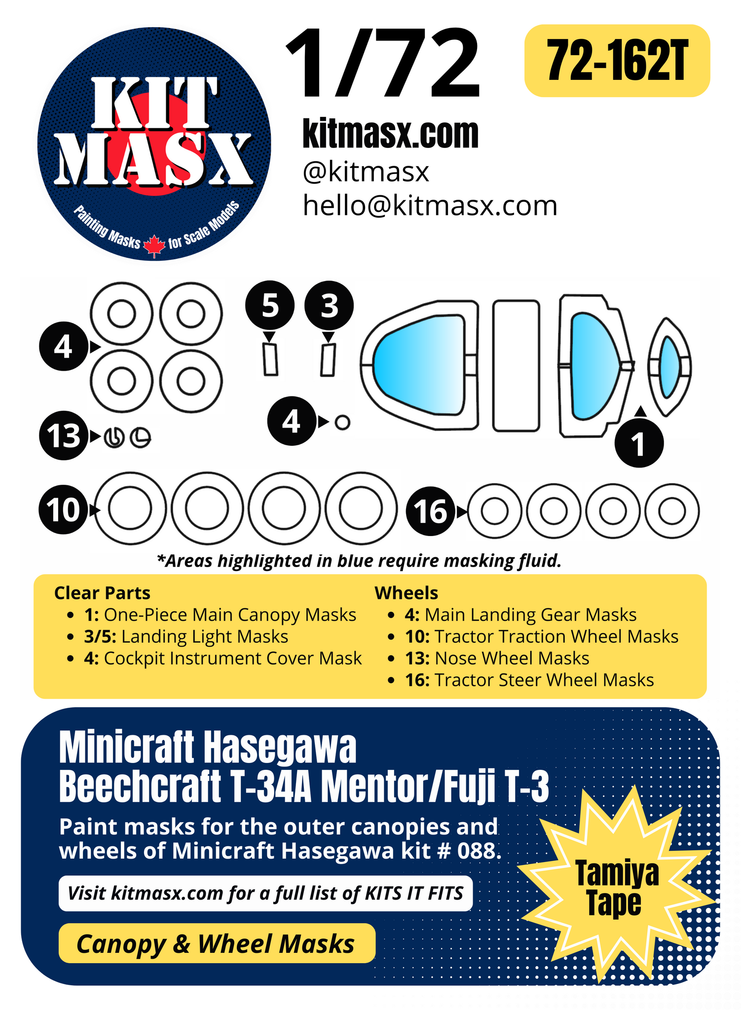 Minicraft Hasegawa Beechcraft T-34A Mentor/Fuji T-3 1/72 Canopy & Wheel Paint Masks, Kit # 088