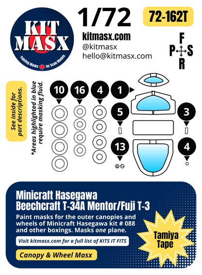 Minicraft Hasegawa Beechcraft T-34A Mentor/Fuji T-3 1/72 Canopy & Wheel Paint Masks, Kit # 088 (72162)