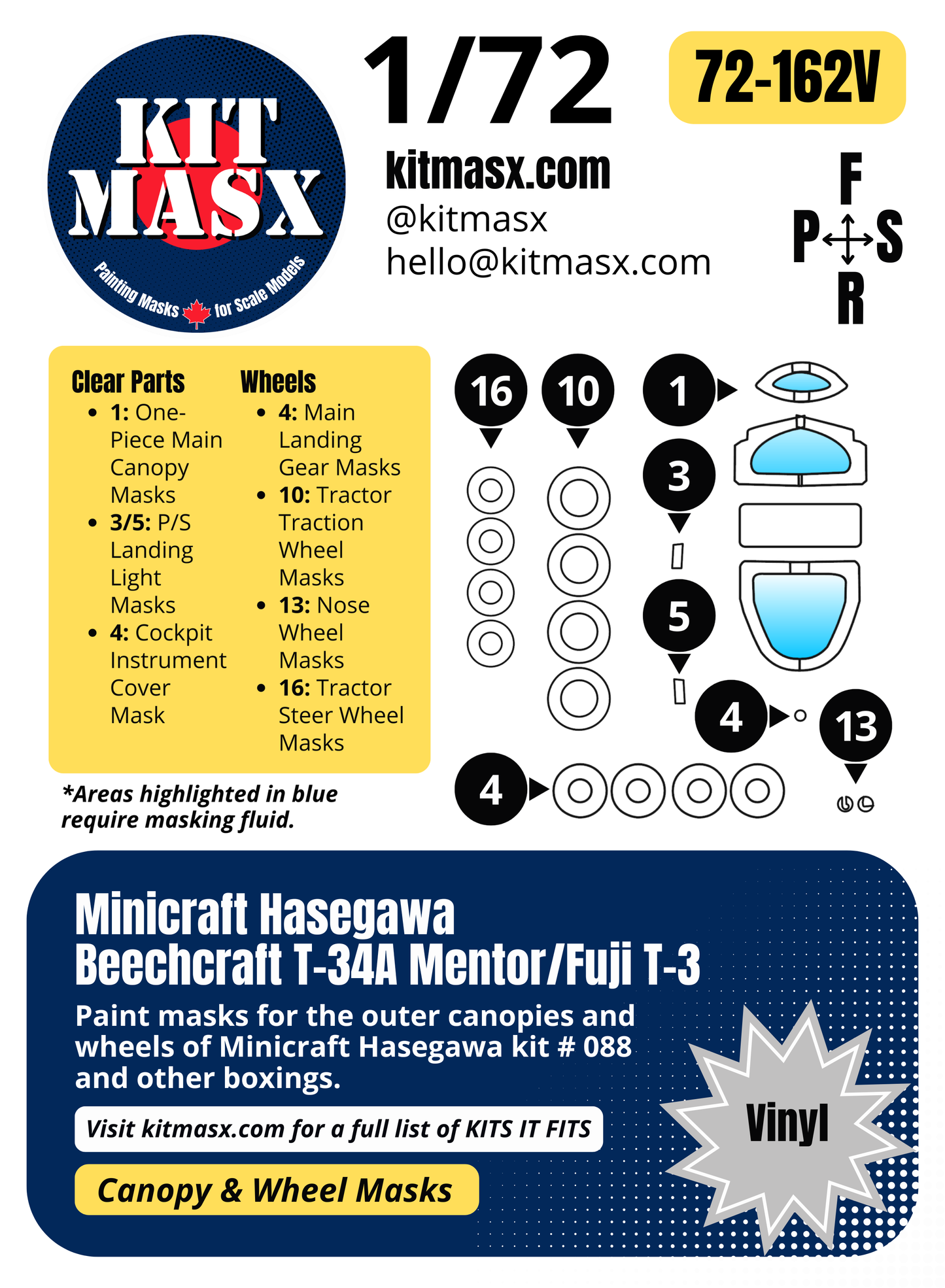 Minicraft Hasegawa Beechcraft T-34A Mentor/Fuji T-3 1/72 Canopy & Wheel Paint Masks, Kit # 088