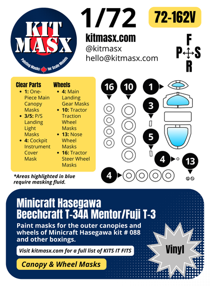 Minicraft Hasegawa Beechcraft T-34A Mentor/Fuji T-3 1/72 Canopy & Wheel Paint Masks, Kit # 088