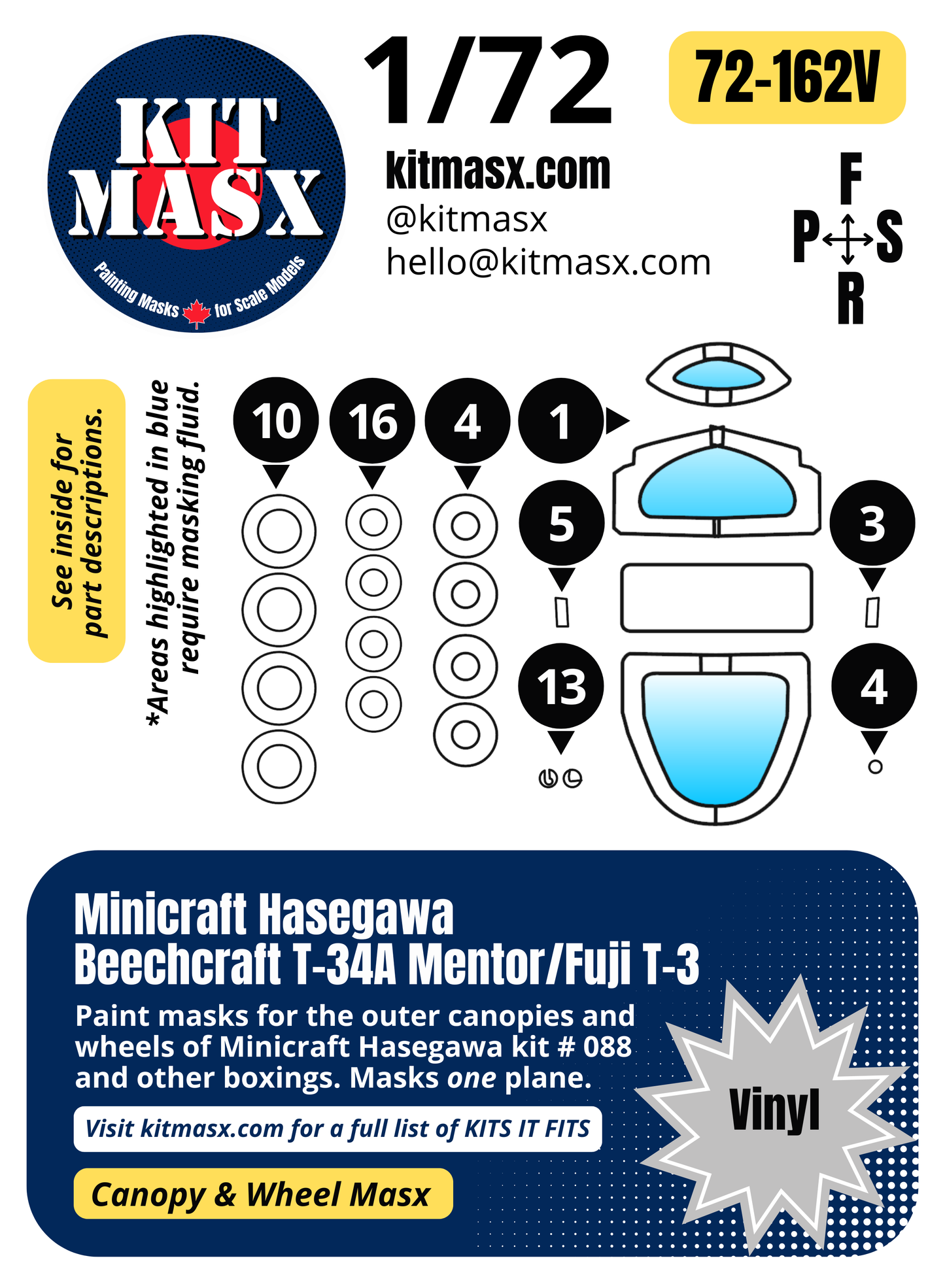 Minicraft Hasegawa Beechcraft T-34A Mentor/Fuji T-3 1/72 Canopy & Wheel Paint Masks, Kit # 088 (72162)
