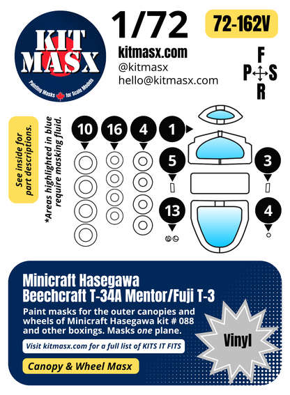 Minicraft Hasegawa Beechcraft T-34A Mentor/Fuji T-3 1/72 Canopy & Wheel Paint Masks, Kit # 088 (72162)