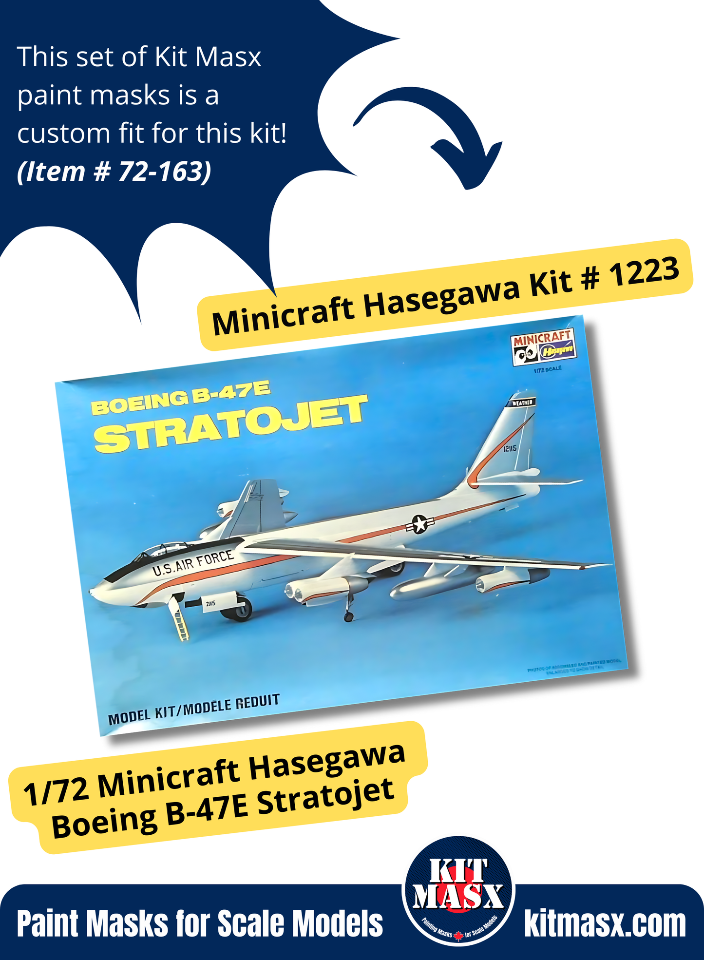 Minicraft Hasegawa Boeing B-47E Stratojet 1/72 Canopy & Wheel Paint Masks, Kit # 1223