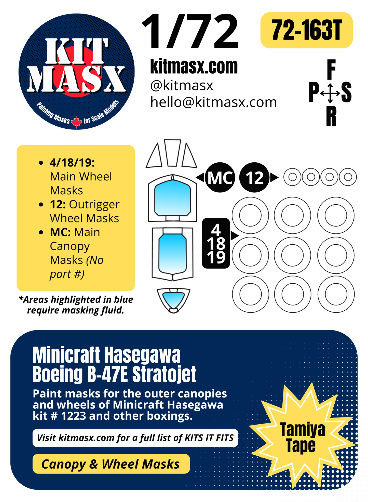 Minicraft Hasegawa Boeing B-47E Stratojet 1/72 Canopy & Wheel Paint Masks, Kit # 1223