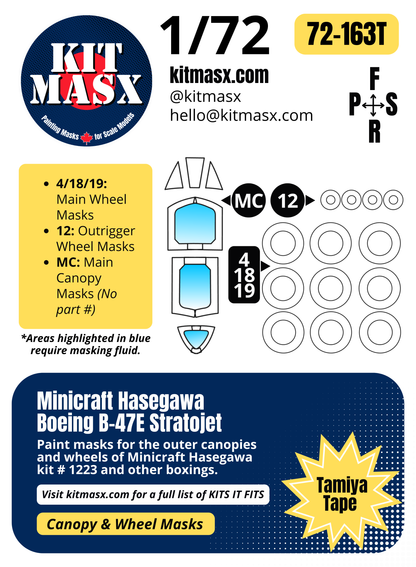 Minicraft Hasegawa Boeing B-47E Stratojet 1/72 Canopy & Wheel Paint Masks, Kit # 1223