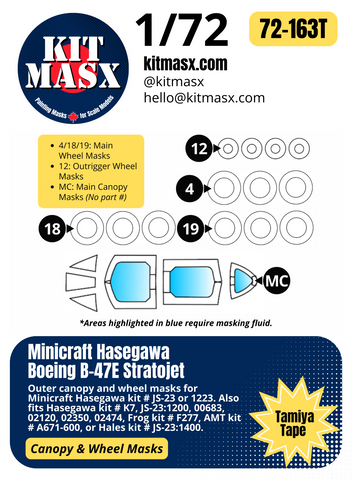 Minicraft Hasegawa Boeing B-47E Stratojet 1/72 Canopy & Wheel Paint Masks, Kit # 1223