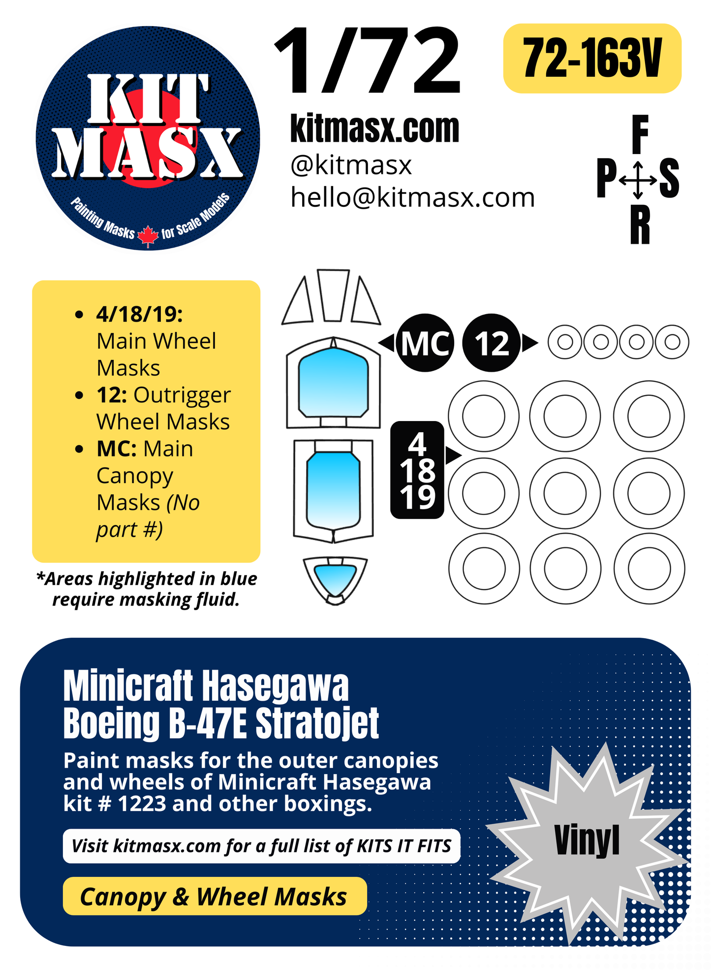 Minicraft Hasegawa Boeing B-47E Stratojet 1/72 Canopy & Wheel Paint Masks, Kit # 1223
