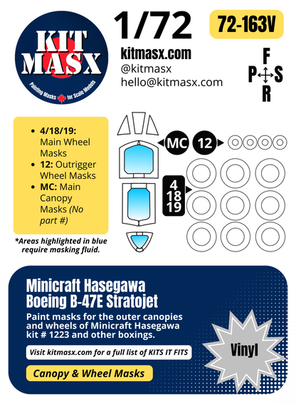 Minicraft Hasegawa Boeing B-47E Stratojet 1/72 Canopy & Wheel Paint Masks, Kit # 1223