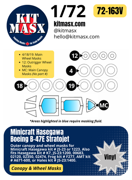 Minicraft Hasegawa Boeing B-47E Stratojet 1/72 Canopy & Wheel Paint Masks