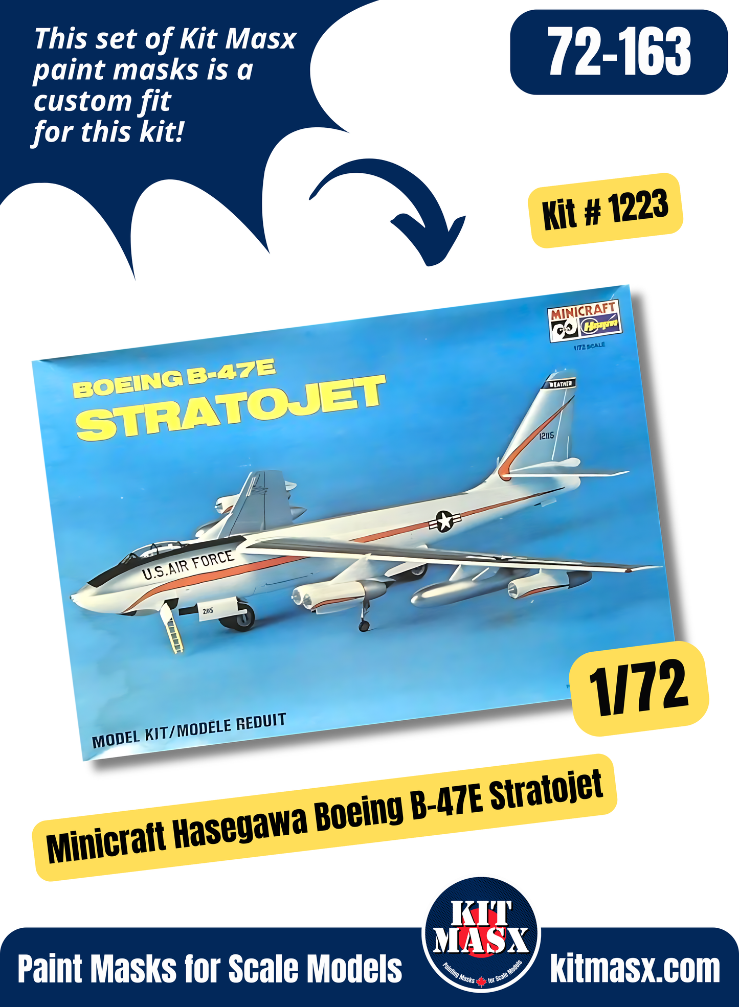 Minicraft Hasegawa Boeing B-47E Stratojet 1/72 Canopy & Wheel Paint Masks, Kit # 1223
