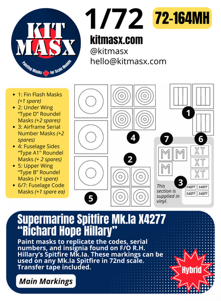 Supermarine Spitfire Mk.Ia X4277 “Richard Hope Hillary” 1/48 & 1/72 Main Marking Paint Masks