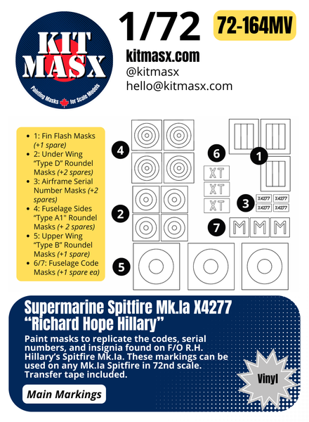 Supermarine Spitfire Mk.Ia X4277 “Richard Hope Hillary” 1/48 & 1/72 Main Marking Paint Masks