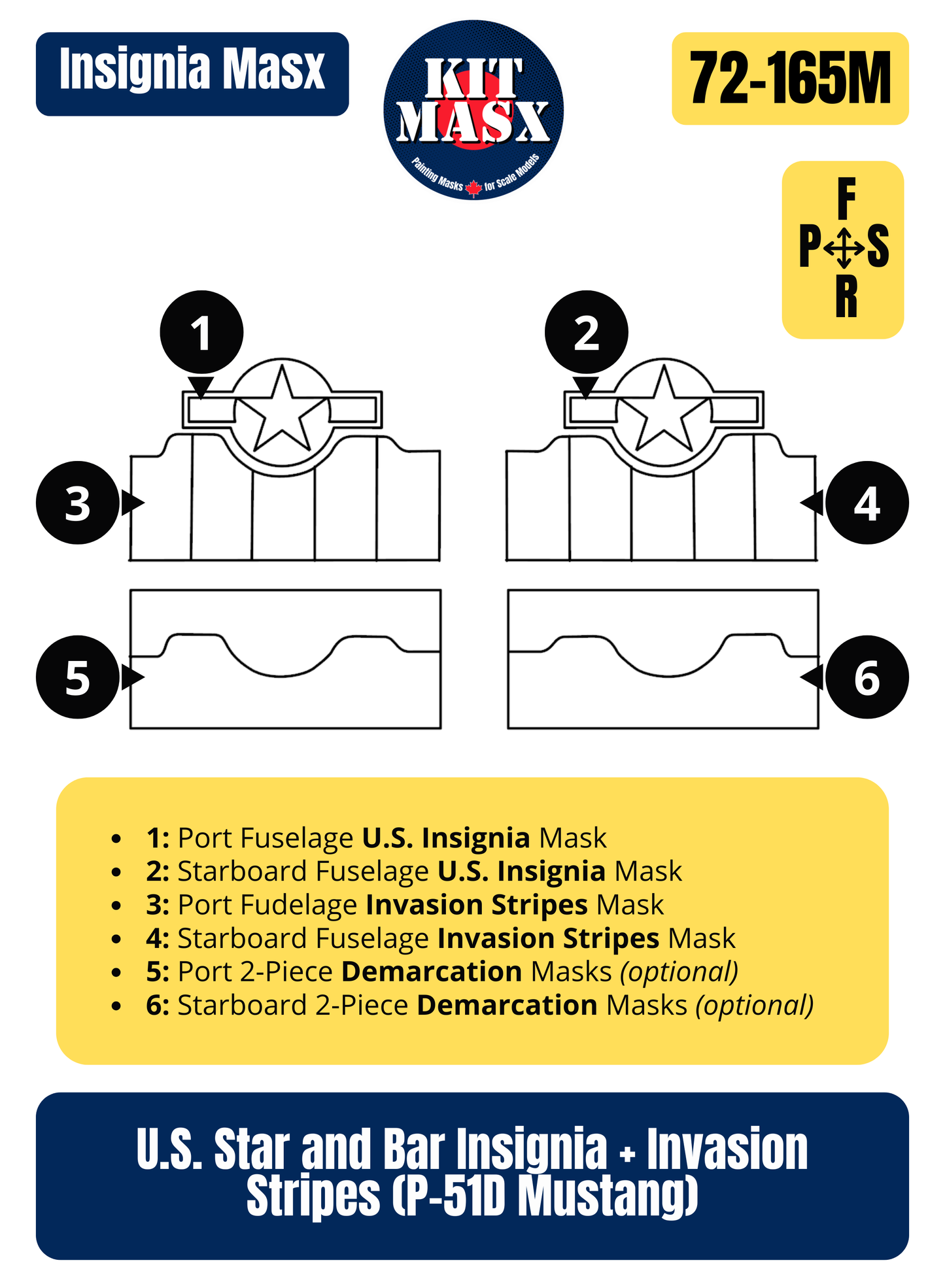 U.S. Star and Bar Insignia + Invasion Stripes (P-51D Mustang) 1/72 Insignia Paint Masks (72-165M)