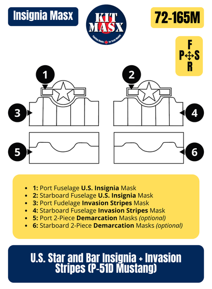 U.S. Star and Bar Insignia + Invasion Stripes (P-51D Mustang) 1/72 Insignia Paint Masks (72-165M)