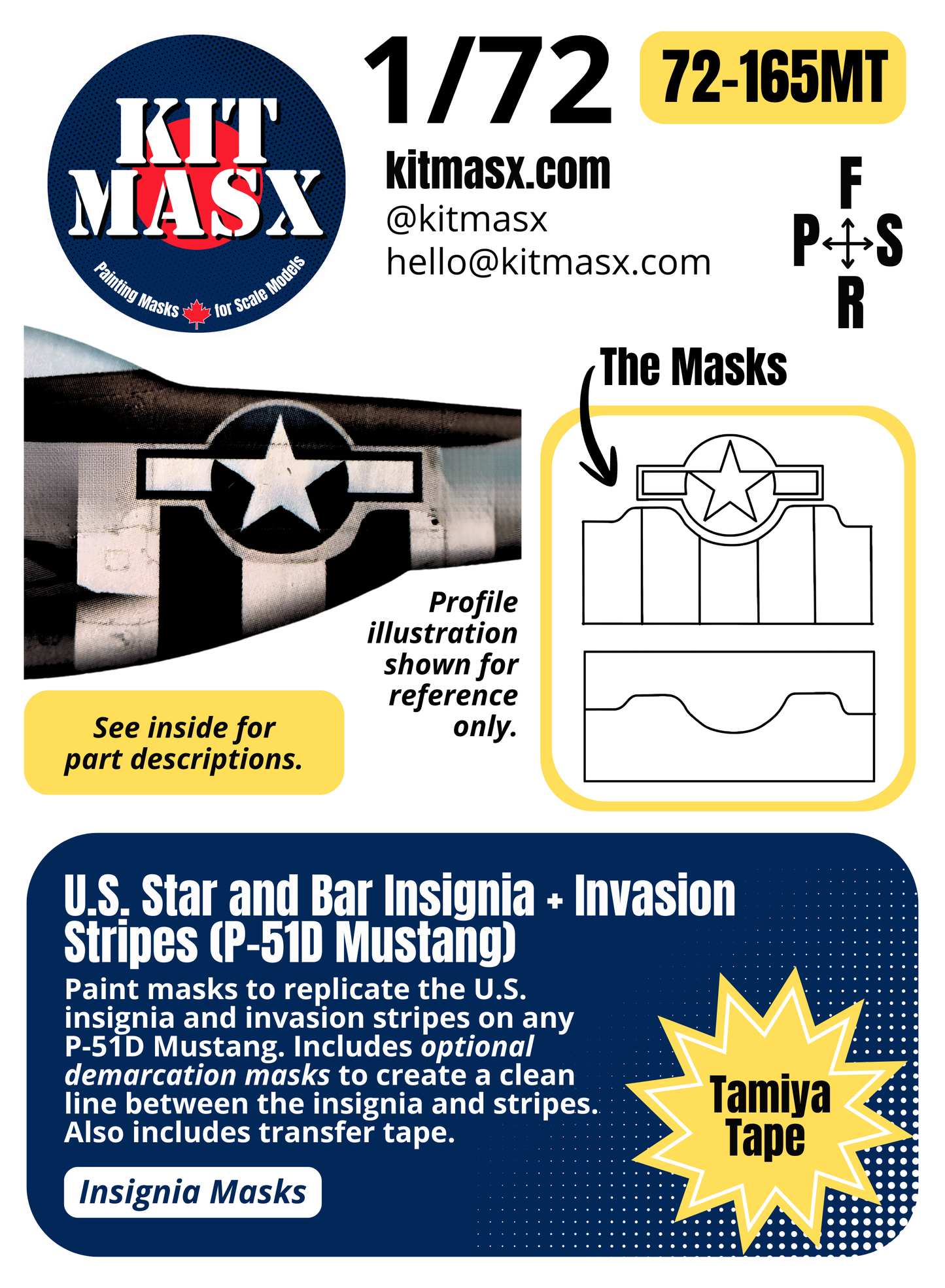 U.S. Star and Bar Insignia + Invasion Stripes (P-51D Mustang) 1/72 Insignia Paint Masks (72-165M)