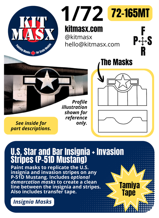 U.S. Star and Bar Insignia + Invasion Stripes (P-51D Mustang) 1/72 Insignia Paint Masks (72-165M)