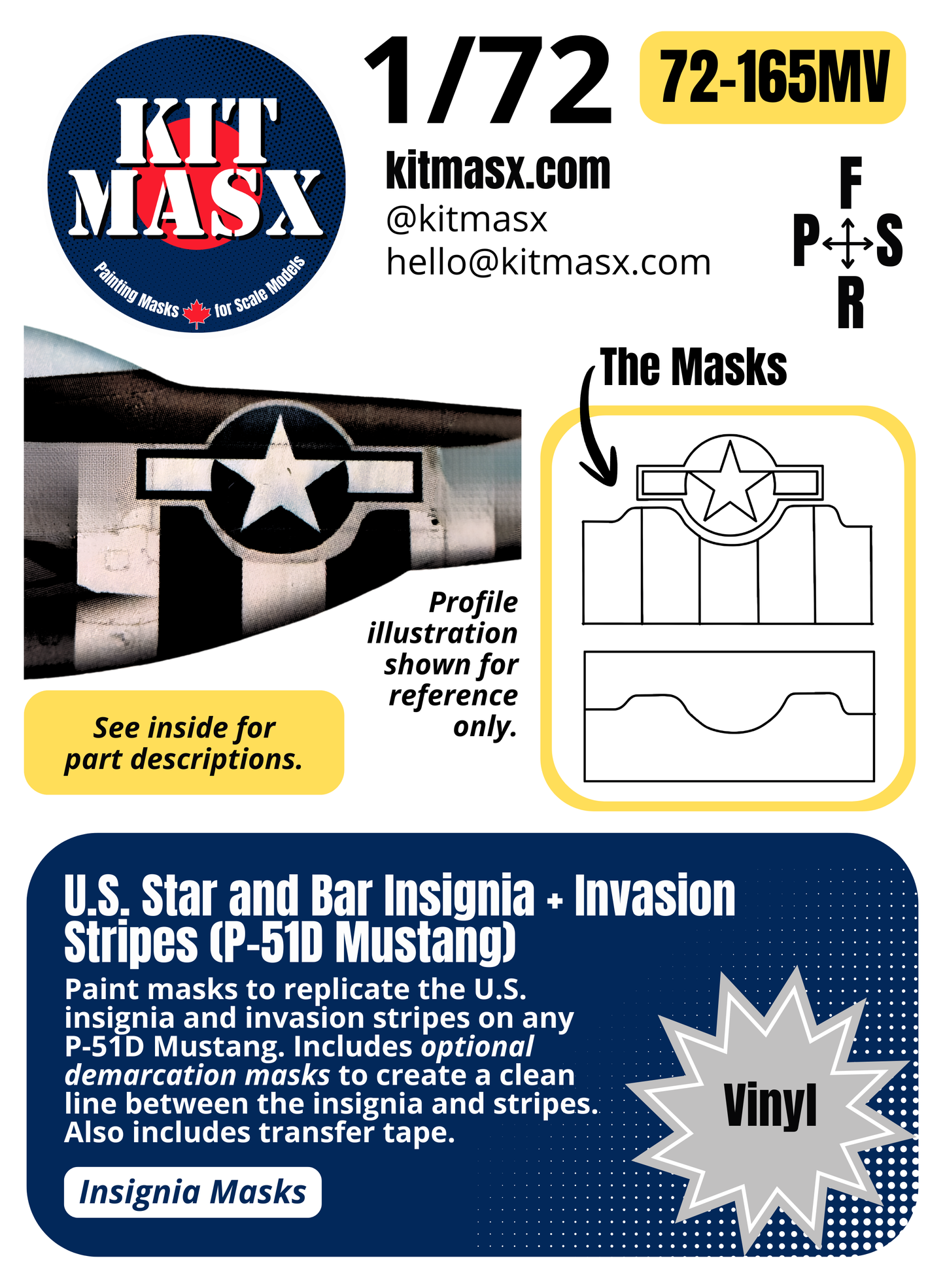 U.S. Star and Bar Insignia + Invasion Stripes (P-51D Mustang) 1/72 Insignia Paint Masks (72-165M)