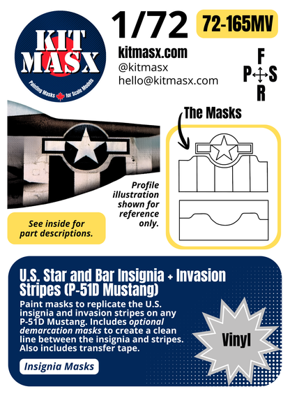 U.S. Star and Bar Insignia + Invasion Stripes (P-51D Mustang) 1/72 Insignia Paint Masks (72-165M)
