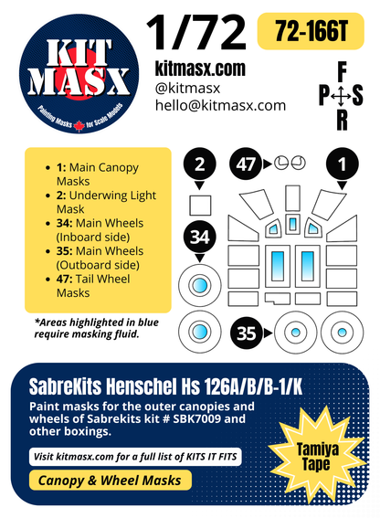 SabreKits Henschel Hs 126A/B/B-1/K 1/72 Canopy & Wheel Paint Masks, Kit # SBK7009
