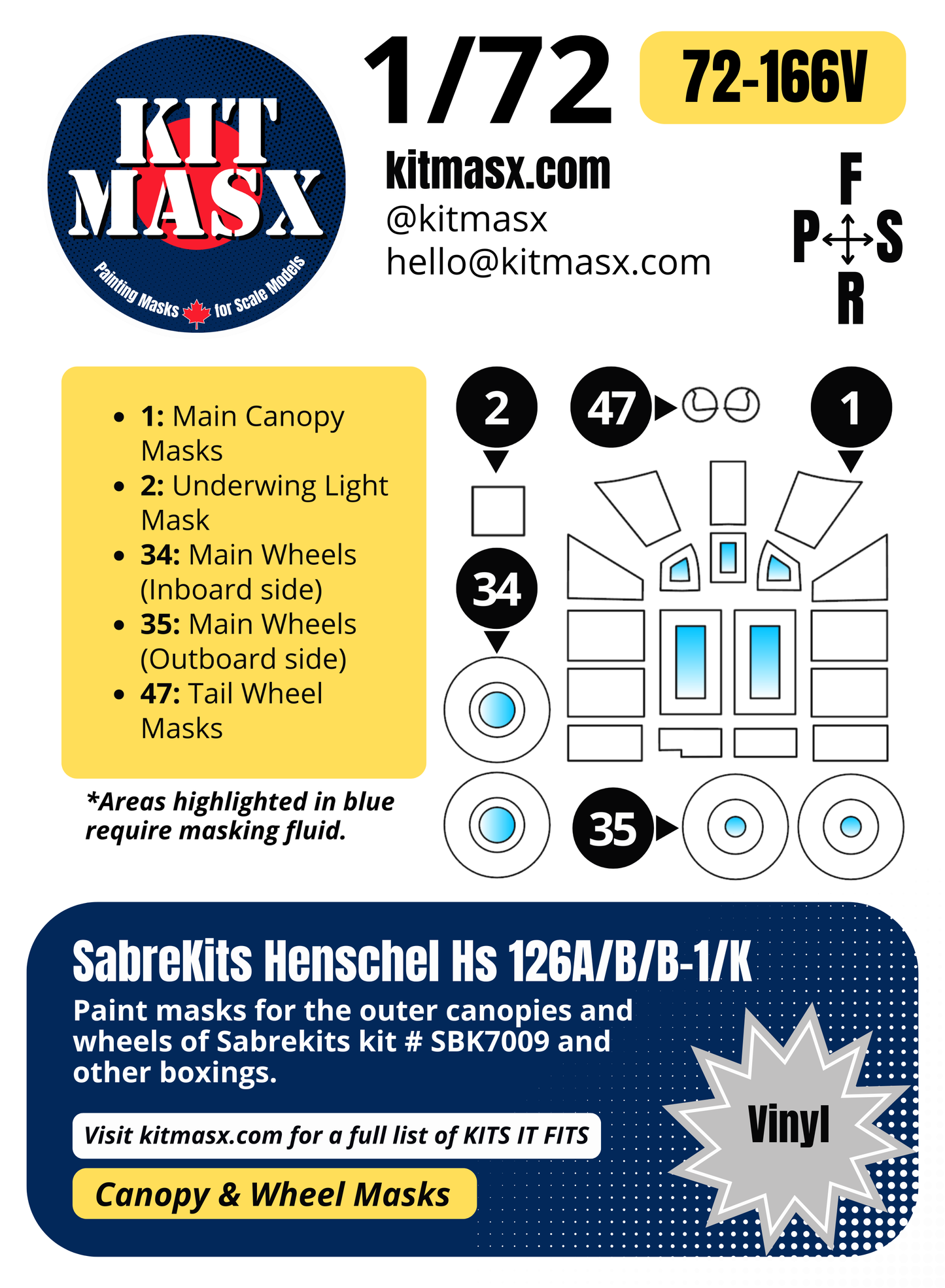 SabreKits Henschel Hs 126A/B/B-1/K 1/72 Canopy & Wheel Paint Masks, Kit # SBK7009