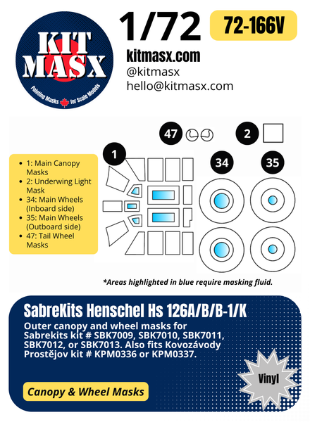 SabreKits Henschel Hs 126A/B/B-1/K 1/72 Canopy & Wheel Paint Masks, Kit # SBK7009