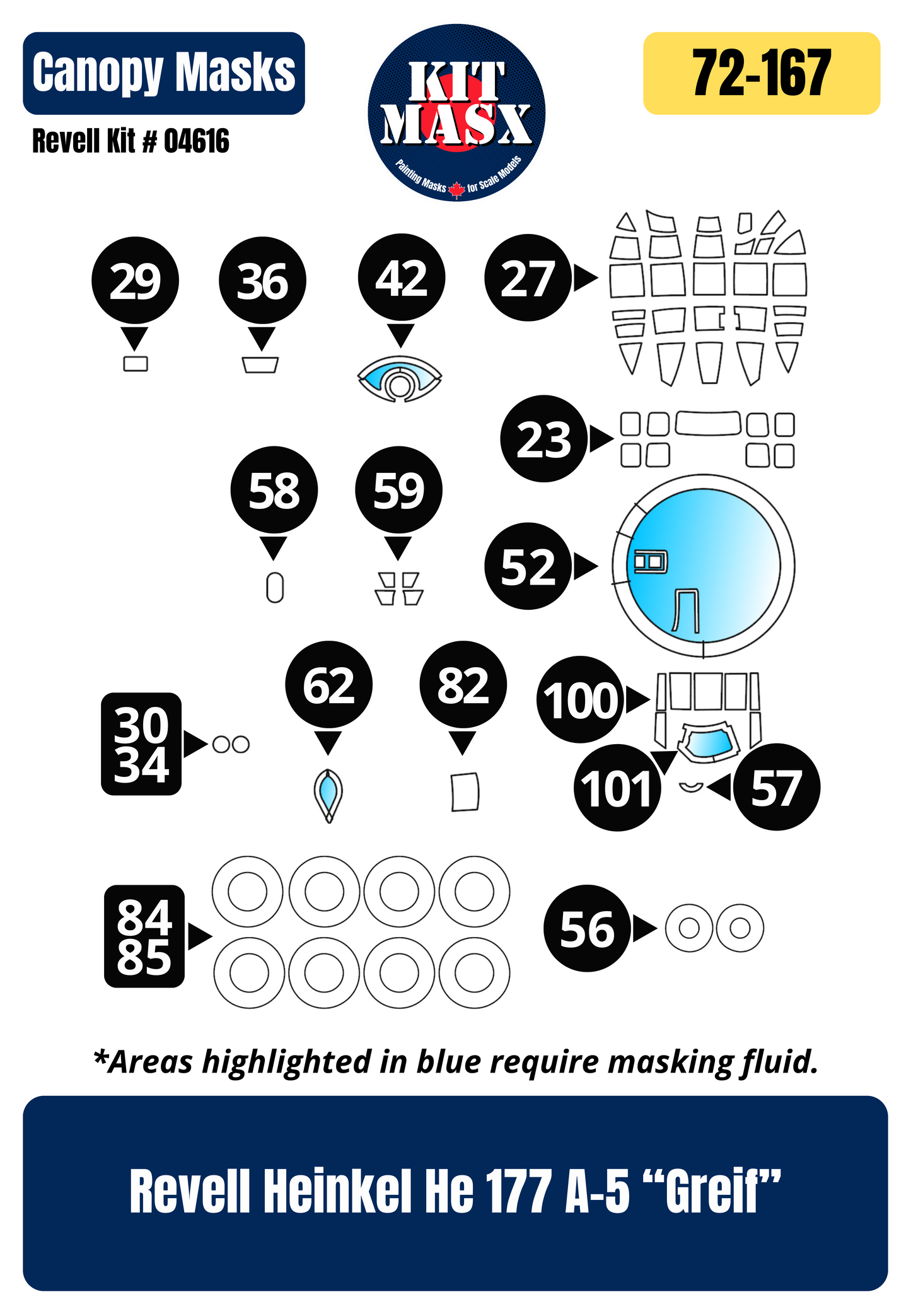 Revell Heinkel He 177 A-5 "Greif" 1/72 Canopy & Wheel Paint Masks, Kit # 04616