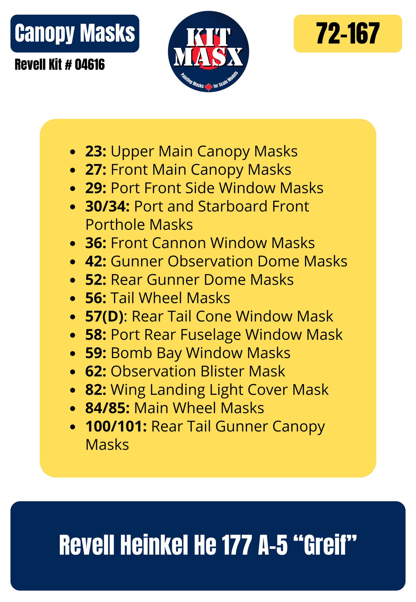 Revell Heinkel He 177 A-5 "Greif" 1/72 Canopy & Wheel Paint Masks, Kit # 04616