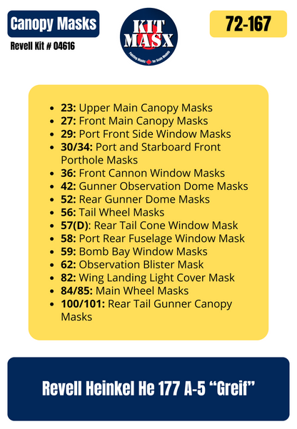 Revell Heinkel He 177 A-5 "Greif" 1/72 Canopy & Wheel Paint Masks, Kit # 04616