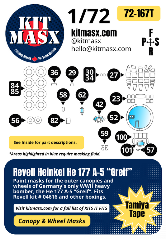 Revell Heinkel He 177 A-5 "Greif" 1/72 Canopy & Wheel Paint Masks, Kit # 04616