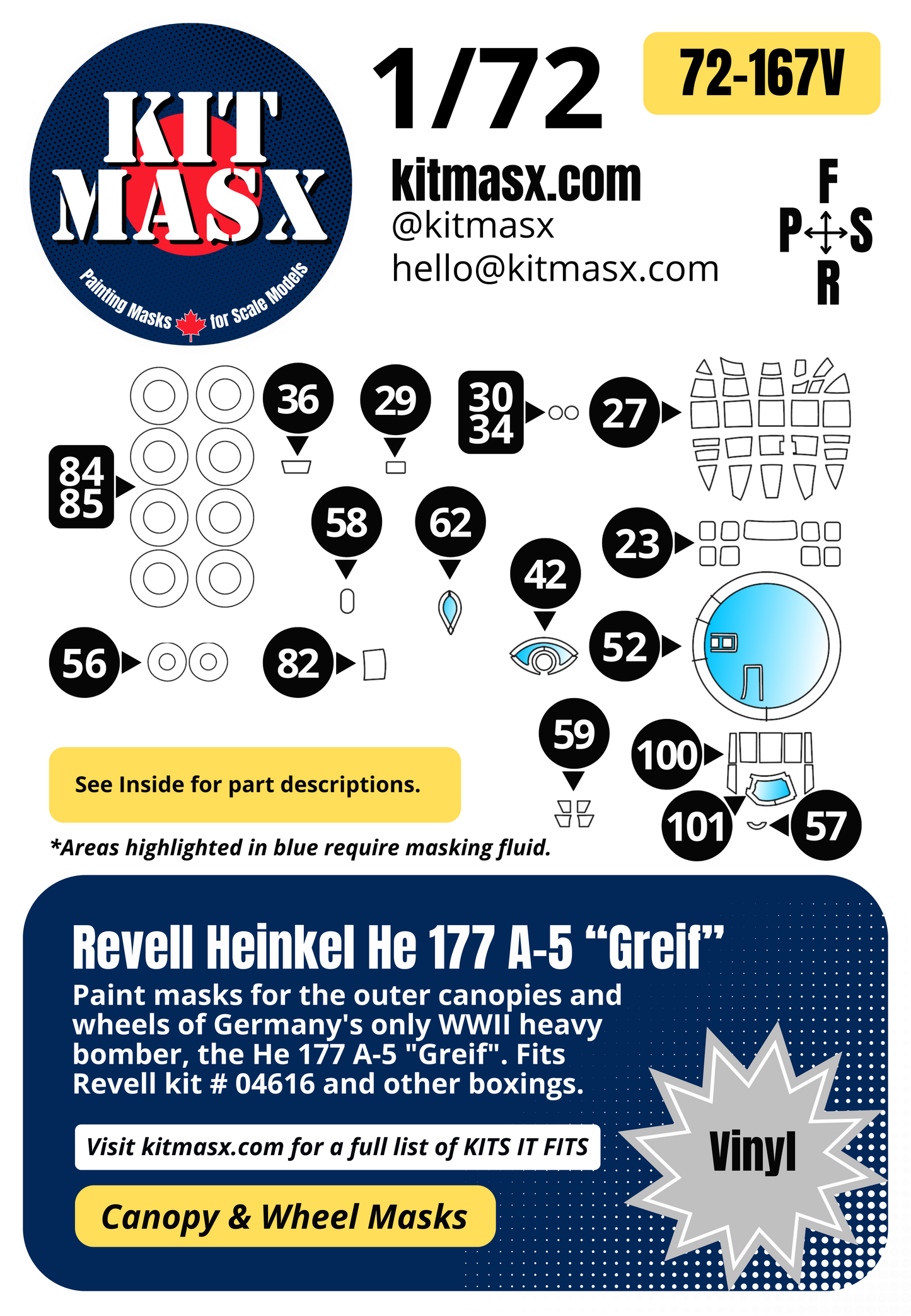 Revell Heinkel He 177 A-5 "Greif" 1/72 Canopy & Wheel Paint Masks, Kit # 04616