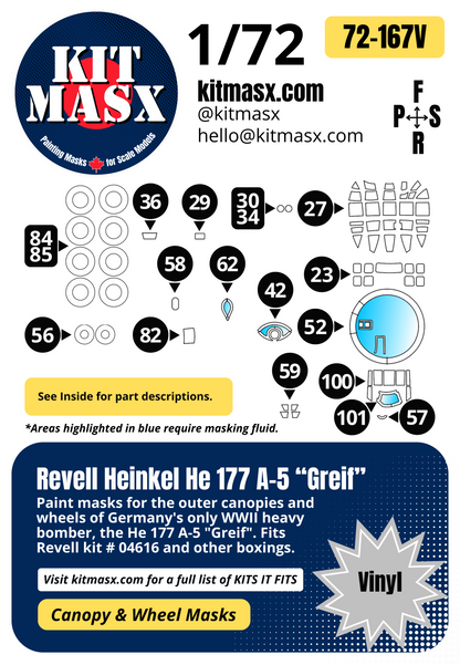 Revell Heinkel He 177 A-5 "Greif" 1/72 Canopy & Wheel Paint Masks, Kit # 04616