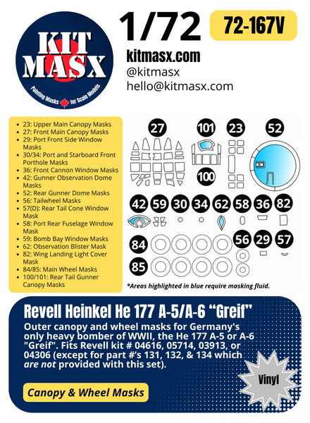 Revell Heinkel He 177 A-5/A-6 "Greif" 1/72 Canopy & Wheel Paint Masks