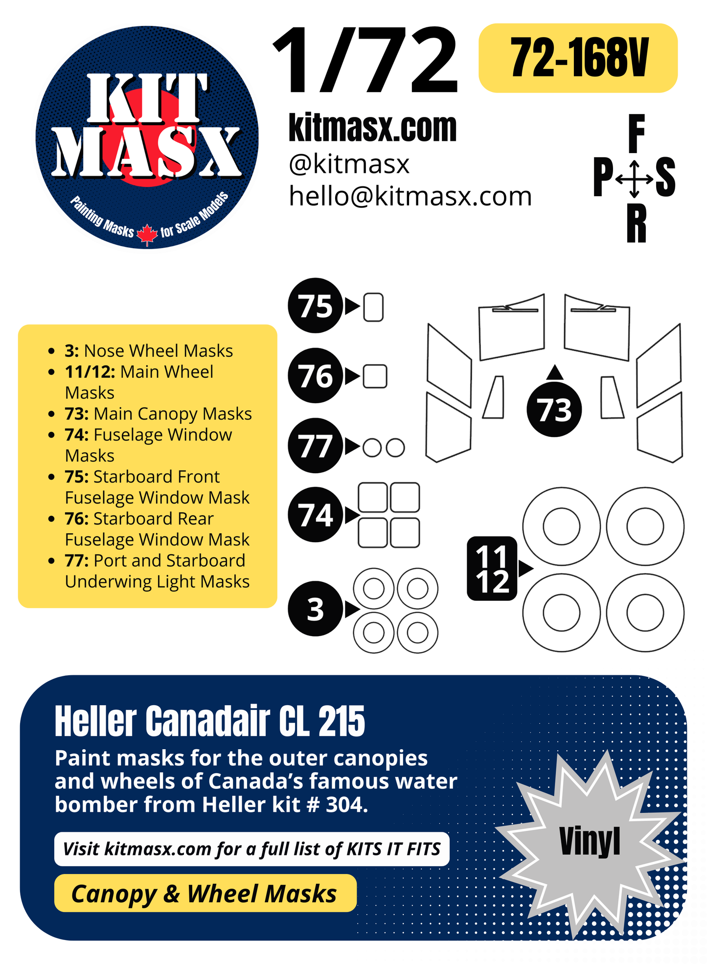 Heller Canadair CL 215 1/72 Canopy & Wheel Paint Masks, Kit # 304