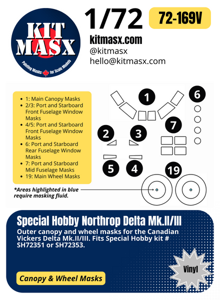 Special Hobby Northrop Delta Mk.II/III 1/72 Canopy & Wheel Paint Masks, Kit # SH72351