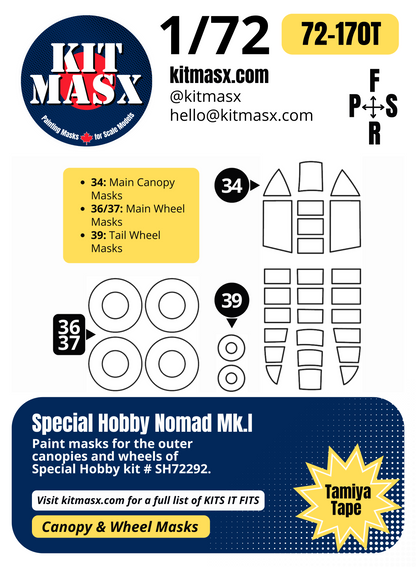 Special Hobby Nomad Mk.I 1/72 Canopy & Wheel Paint Masks, Kit # SH72292