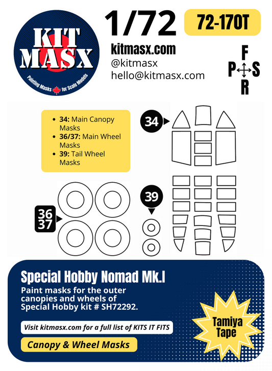 Special Hobby Nomad Mk.I 1/72 Canopy & Wheel Paint Masks, Kit # SH72292