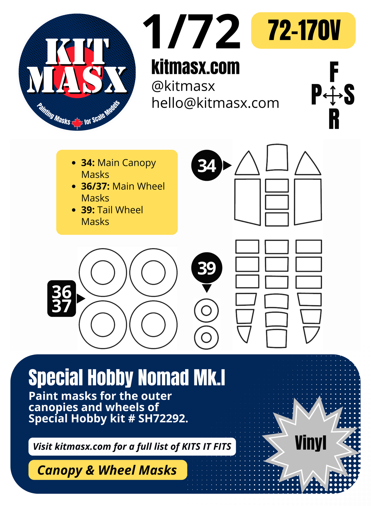 Special Hobby Nomad Mk.I 1/72 Canopy & Wheel Paint Masks, Kit # SH72292
