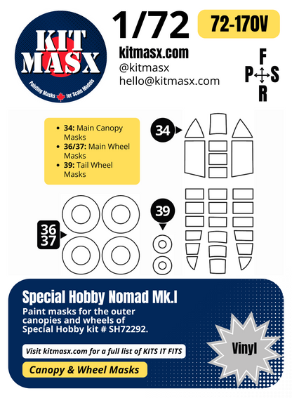 Special Hobby Nomad Mk.I 1/72 Canopy & Wheel Paint Masks, Kit # SH72292