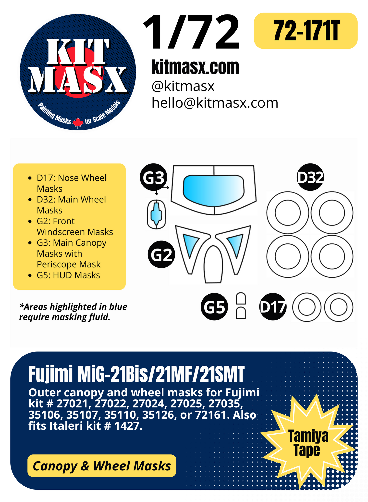 Fujimi MiG-21Bis/21MF/21SMT 1/72 Canopy & Wheel Paint Masks, Kit # 35110