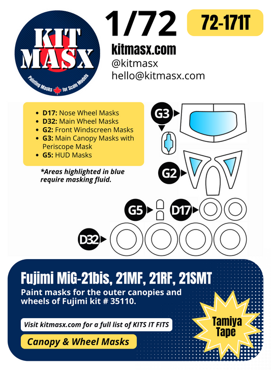 Fujimi MiG-21bis, 21MF, 21RF, 21SMT 1/72 Canopy & Wheel Paint Masks, Kit # 35110