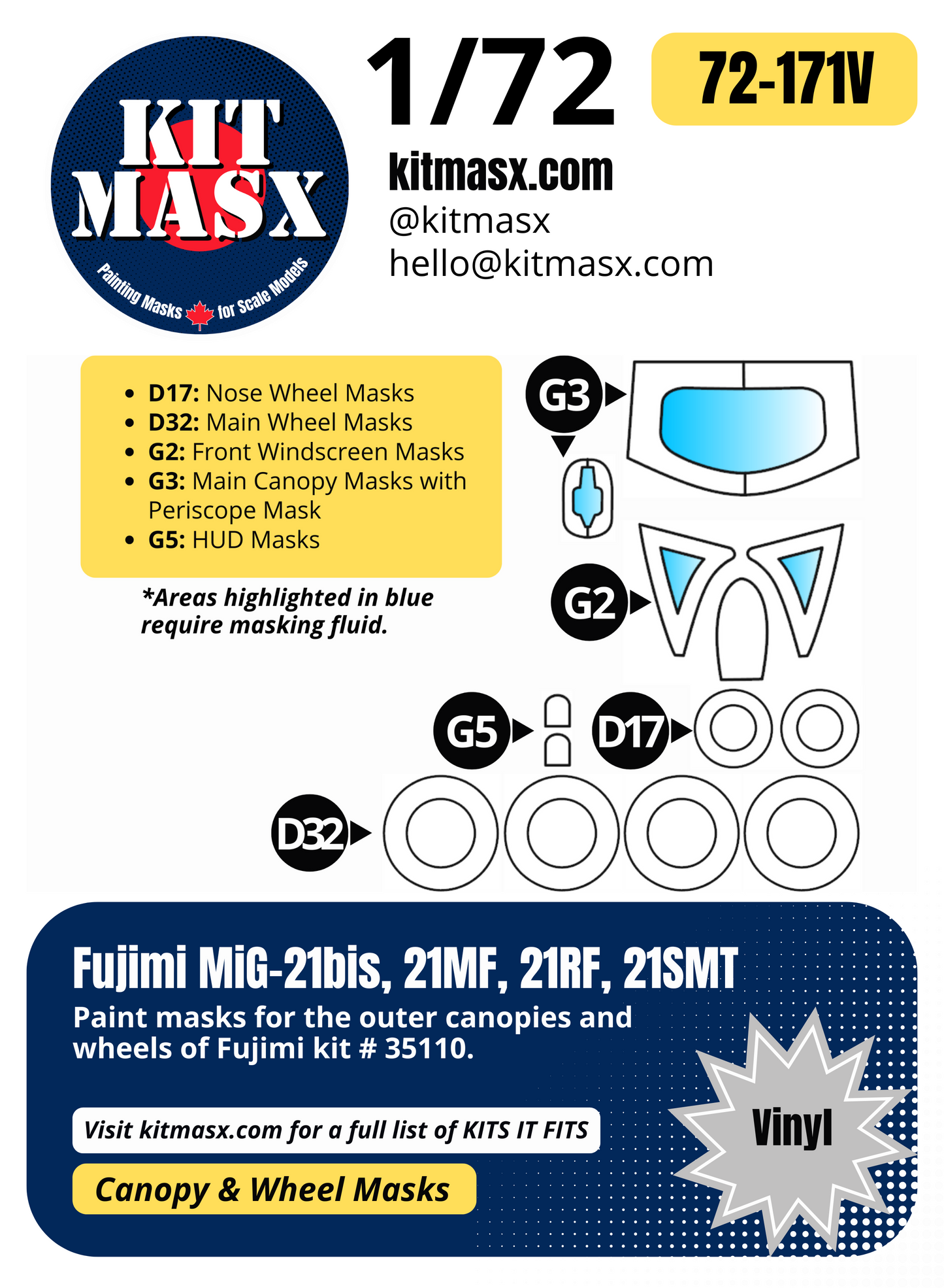 Fujimi MiG-21bis, 21MF, 21RF, 21SMT 1/72 Canopy & Wheel Paint Masks, Kit # 35110