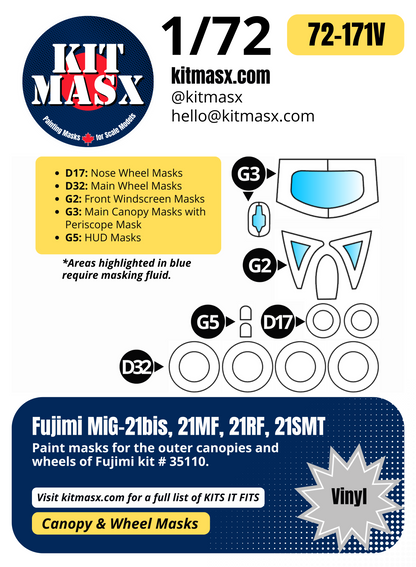 Fujimi MiG-21bis, 21MF, 21RF, 21SMT 1/72 Canopy & Wheel Paint Masks, Kit # 35110