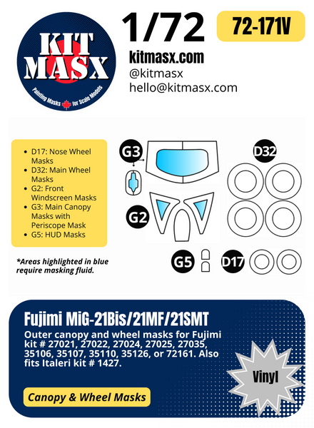 Fujimi MiG-21Bis/21MF/21SMT 1/72 Canopy & Wheel Paint Masks, Kit # 35110