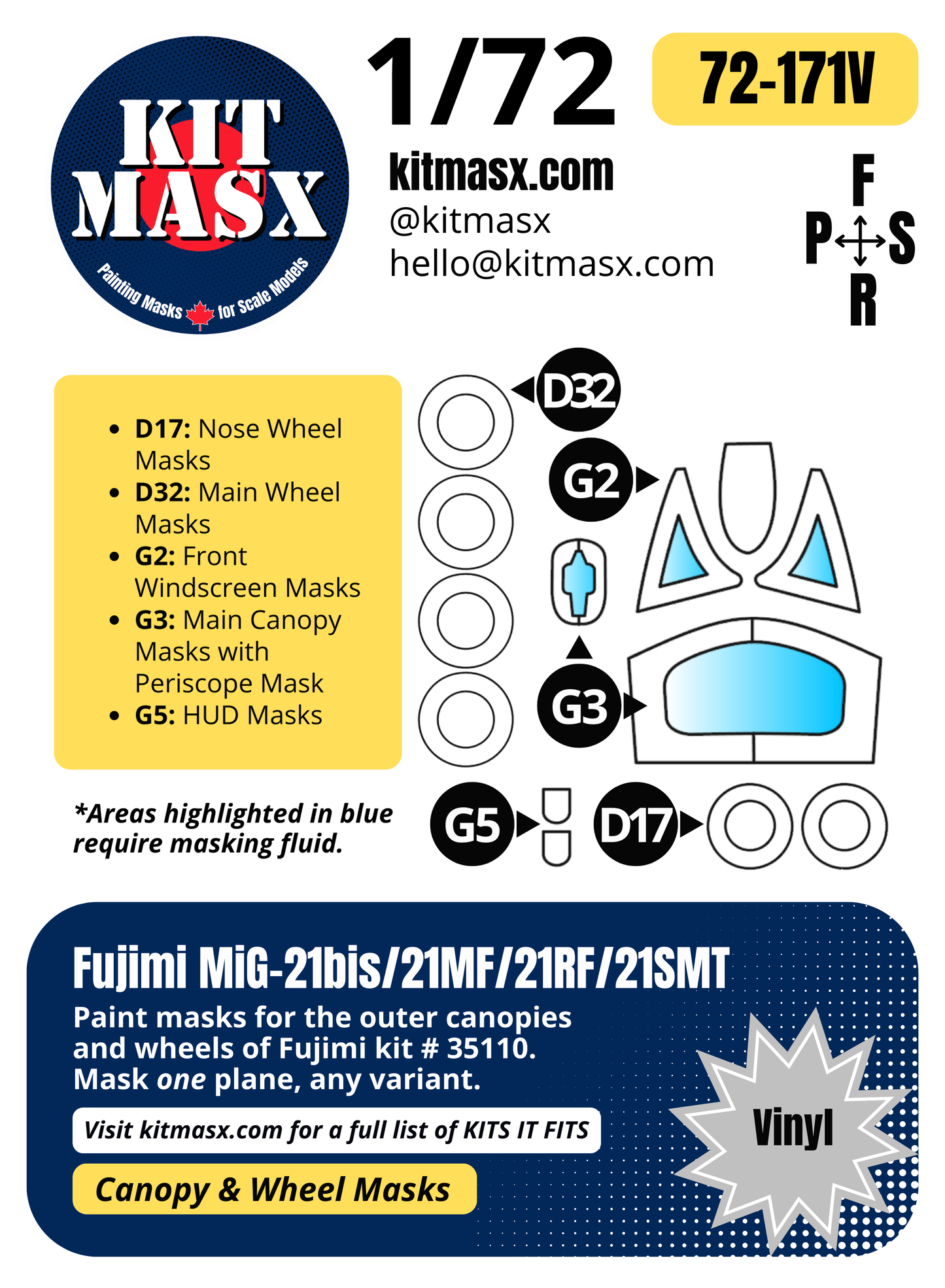 Fujimi MiG-21bis/21MF/21RF/21SMT 1/72 Canopy & Wheel Paint Masks, Kit # 35110