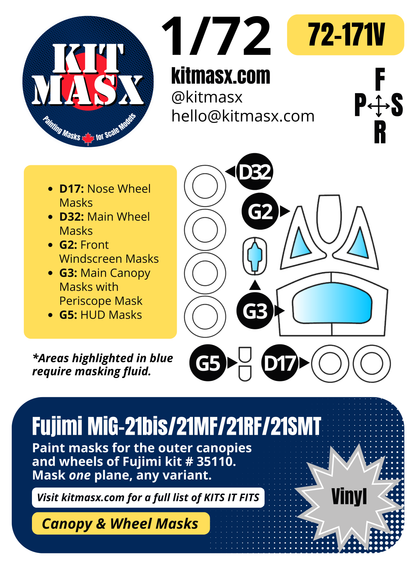 Fujimi MiG-21bis/21MF/21RF/21SMT 1/72 Canopy & Wheel Paint Masks, Kit # 35110