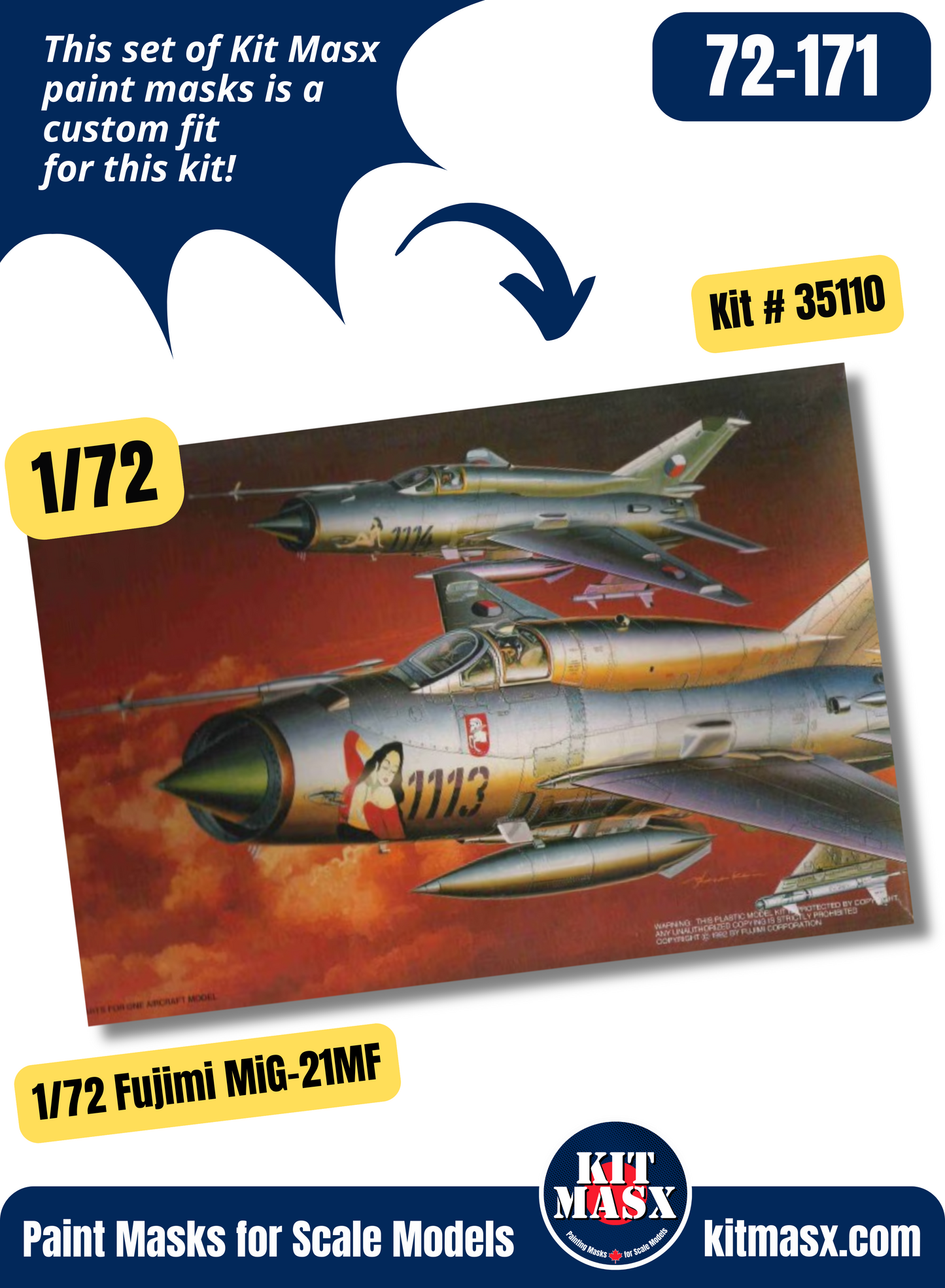Fujimi MiG-21bis, 21MF, 21RF, 21SMT 1/72 Canopy & Wheel Paint Masks, Kit # 35110