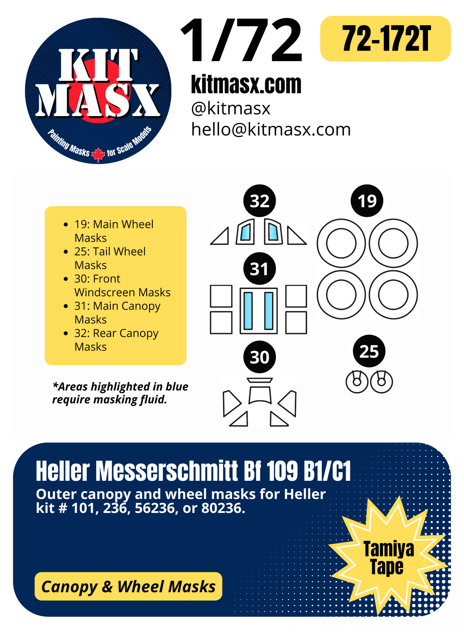 Heller Messerschmitt Bf 109 B1/C1 1/72 Canopy & Wheel Paint Masks, Kit # 80236